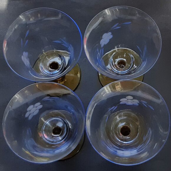 VTG Antique Thin Elegant Glass Azure Blue Goblet Amber Stem Set of 4 Etched Rare - Picture 11 of 14